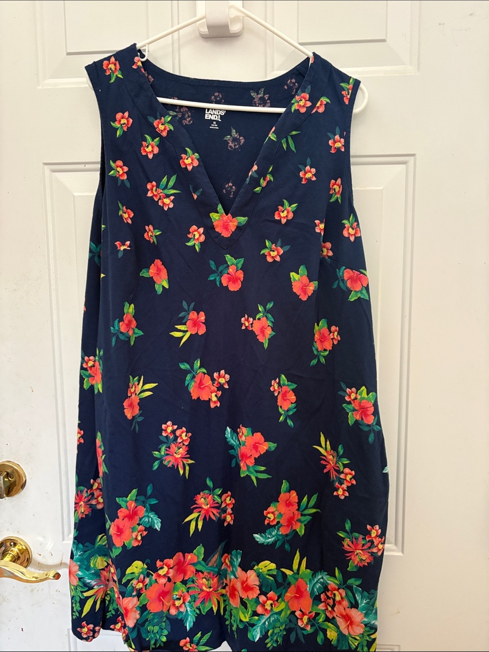 Lands' End Navy Floral V-Neck Sundress with Coral Blooms